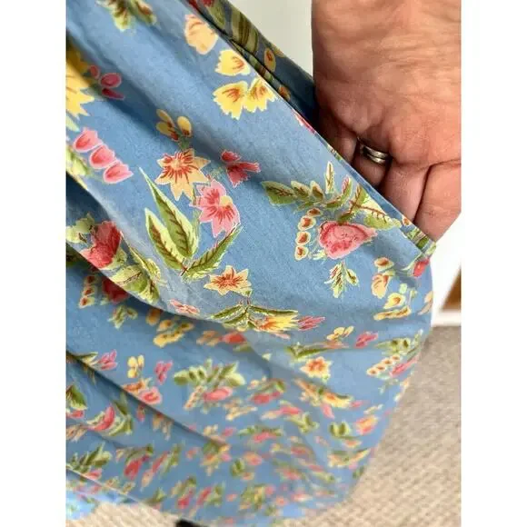 VTG Komil Honolulu Dress Square Neck MIDI Blue Floral A-line Puff Sleeves SM - Picture 2 of 11